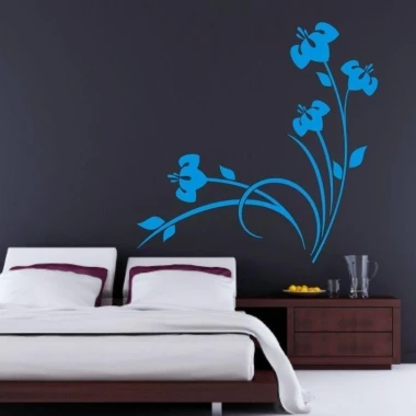 Japanese 87 in a modern bedroom, adding freshness with blue flowers on a dark wall.