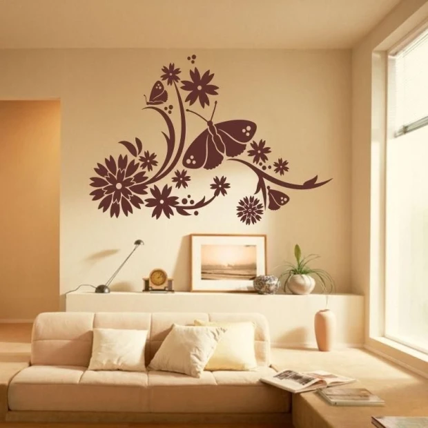 Chinese painting template 01 - Living room arrangement. Light walls and minimalist furniture.
