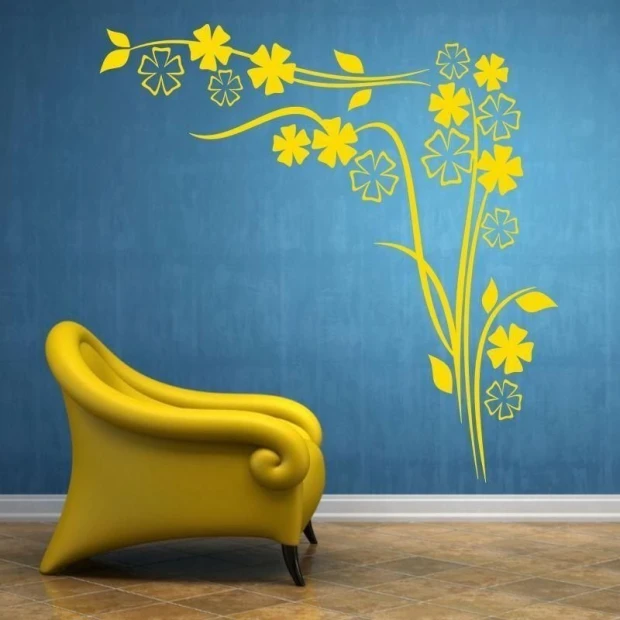 Floral painting template 1235 - Living room design with vibrant blue walls and yellow accents.