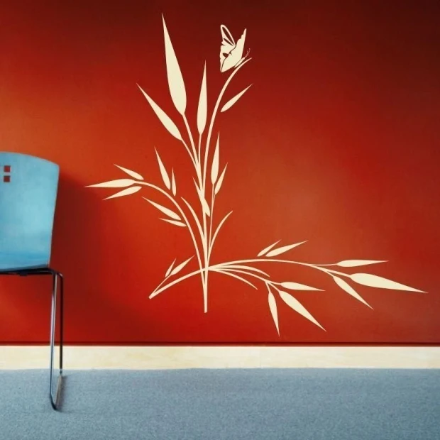 Japanese painting template with a delicate floral pattern, perfect for a modern living room against a red background.
