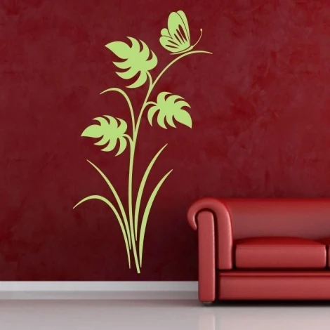 Japanese painting template 81 in a modern living room, enlivening a red wall with subtle motifs.