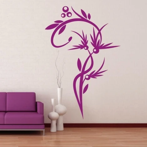 Floral painting template 1230 - Living room arrangement. Light-colored wall with purple plant pattern.