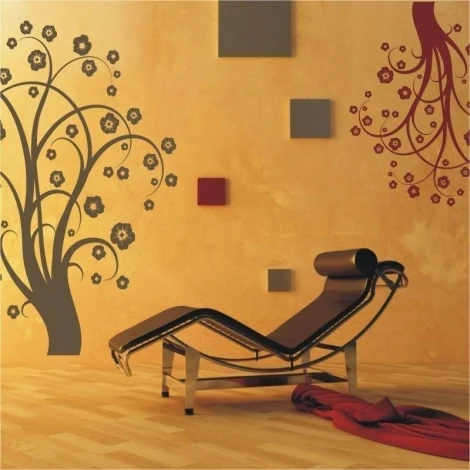 Stylish tree sticker 0771 in a modern living room, bringing harmony with delicate flowers on the wall.