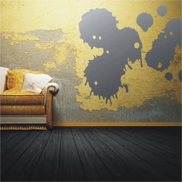 Stylish gray splash against a warm yellow wall, perfect for a modern living room.