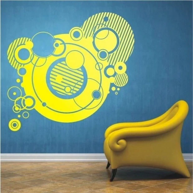 Abstract painting template 1070 - Living room arrangement. Blue wall with yellow circular and line patterns.