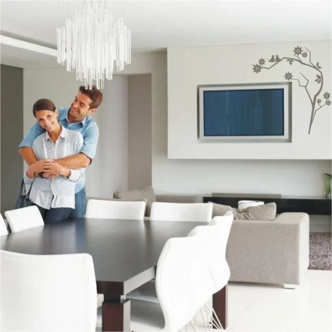 Japanese painting template 08 - Living room setup. Light walls, dark wood table, white chairs.