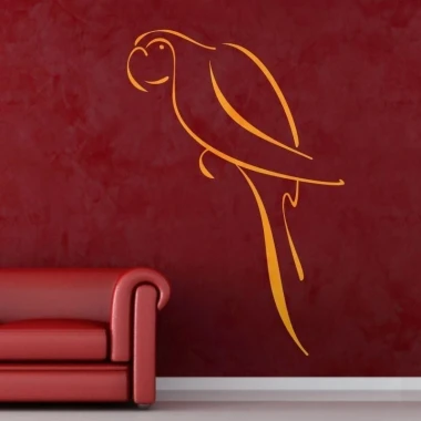 Stylish gold parrot sticker on a vibrant red wall, perfect for modern decor.