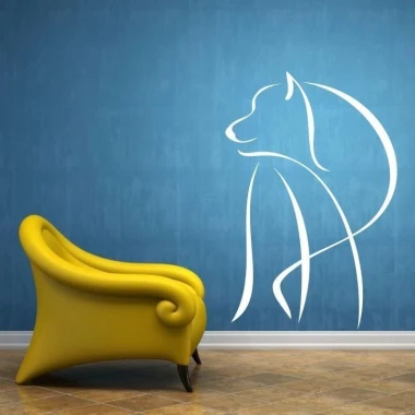 Stylish dog sticker on a blue wall in a modern interior, perfect for creating a unique space.