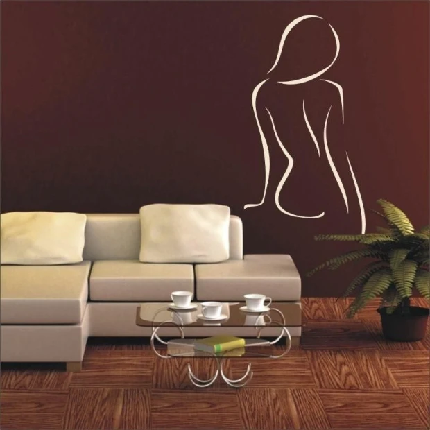 Painting template lady 18 - Living room arrangement. Dark wall with the outline of a female figure next to a sofa.