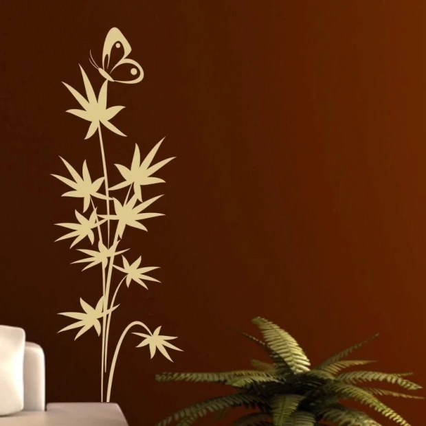 Elegant leaf sticker with a butterfly, perfect for a modern living room in warm beige tones.