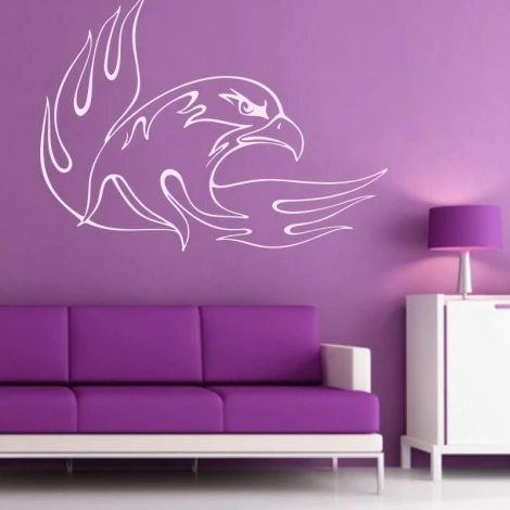 Stylish eagle sticker in a modern living room, perfect for decorating a purple wall.