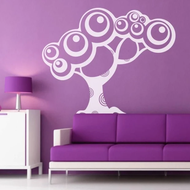 Stylish tree 1286 in a modern living room, adding energy and lightness with white accents on purple.