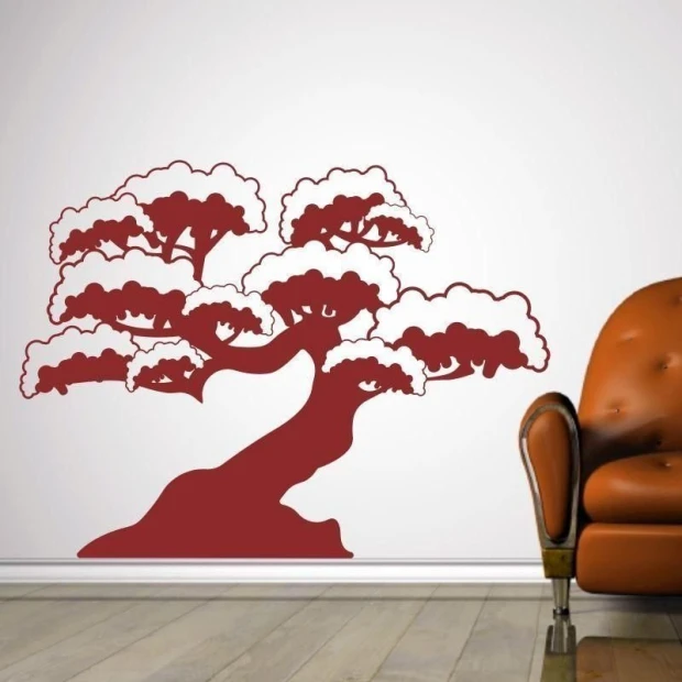Elegant bonsai tree in deep red, perfect for a modern living room, adding charm.