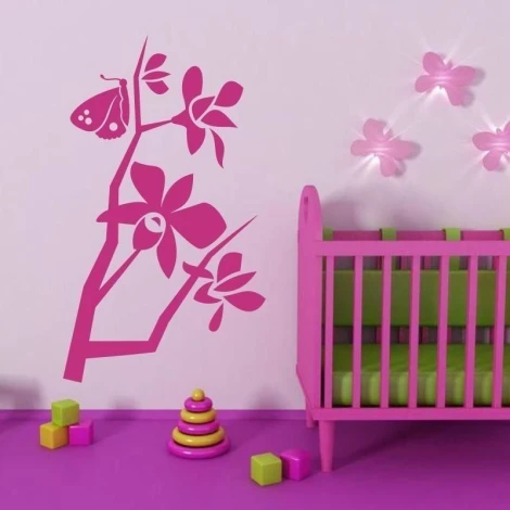 Butterfly branch painting template 1240 - Decor for a child\'s room. Light-colored walls, furniture in vibrant pink.