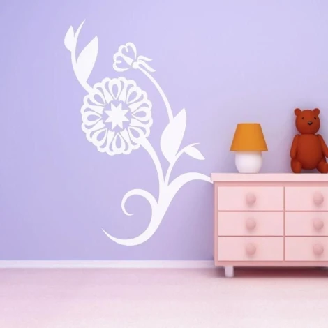 Delicate floral sticker 0976 on a purple wall in a cozy children\'s room, adding charm.