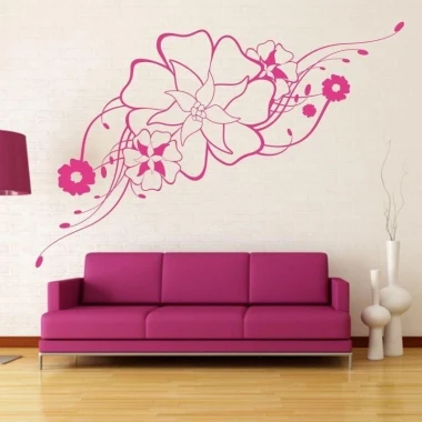 Stylish floral sticker in vibrant pink, perfect for decorating a modern living room with minimalist furniture.