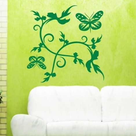 Butterfly sticker 1220 in a fresh green design, perfectly brightens up a wall in a modern living room.