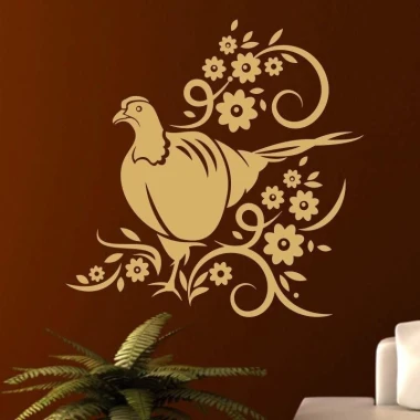 Pheasant 1239 painting template - Bird shape surrounded by flowers and spiral lines.