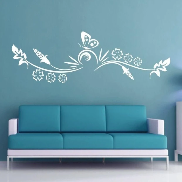 Japanese painting template 14 - Living room arrangement. Blue wall, turquoise sofa.