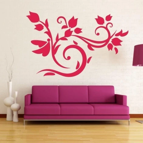 Floral painting template 1237 - Living room arrangement with light walls and a vibrant pink sofa.