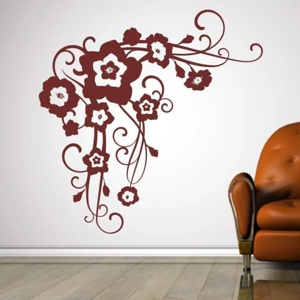Floral painting template 1190 - Living room arrangement with a light-colored wall and brown sofa.