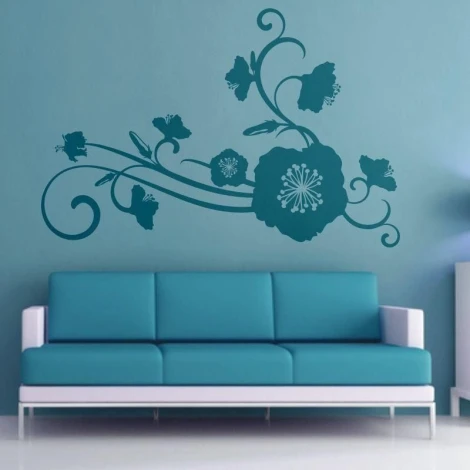 Floral painting template 1192 - Living room setup with blue walls and a turquoise sofa.