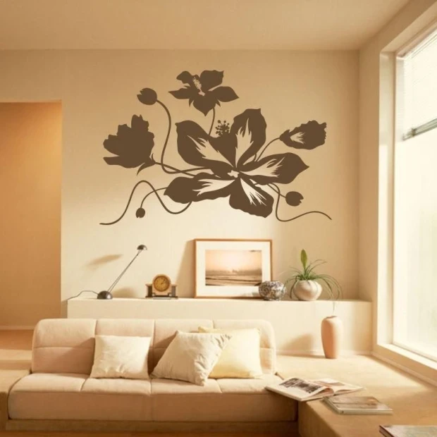 Floral painting template 1197 - Living room setup with light walls, large window, and minimalist furniture.