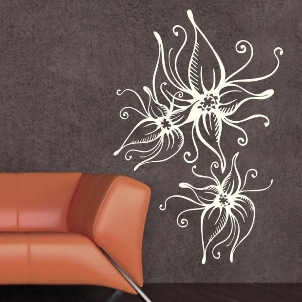 Floral painting template 1200 - Graphic design with wavy lines and symmetrical flower shapes.
