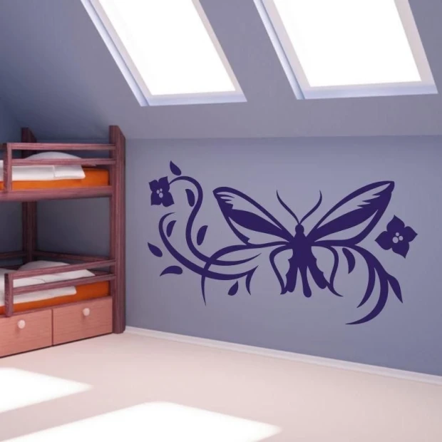Butterfly flower painting template 1247 - Decor for a child\'s room. Light-colored walls, wooden furniture accents.