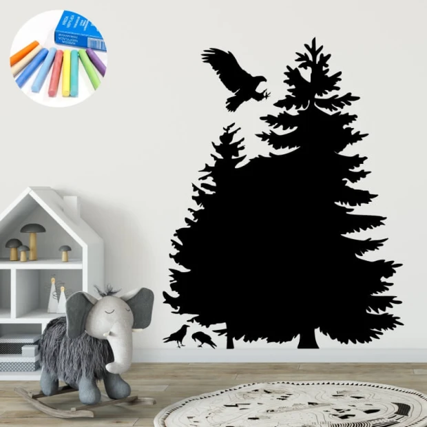Chalkboard sticker for kids featuring trees and birds - perfect for a bright children\'s room with carpeted floor.