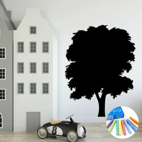 Chalkboard sticker for kids - tree design. Bright walls and modern furniture in a children\'s room setting.