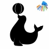 Chalk sticker for kids featuring a seal holding a colorful ball, all in black design.
