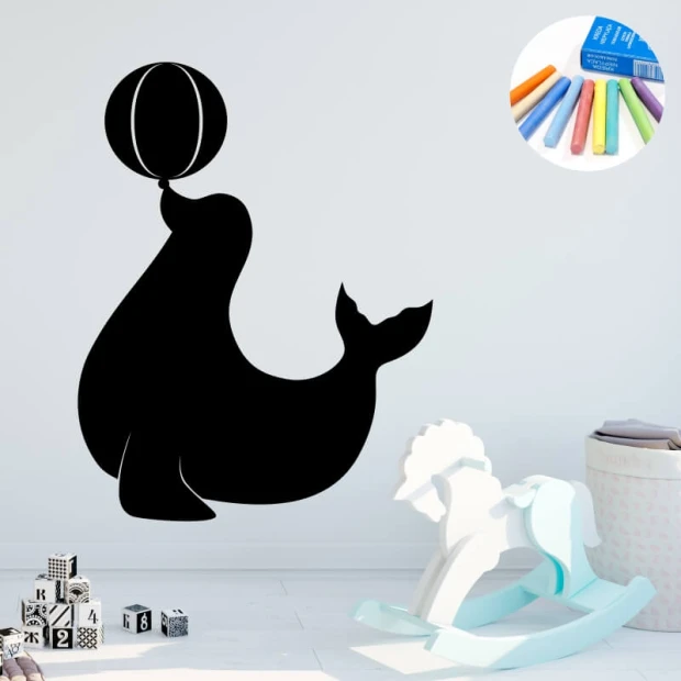 Chalk sticker for kids featuring a seal holding a ball, with a rounded shape.