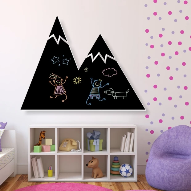 Chalkboard for kids featuring mountains, perfect for a bright children\'s room with colorful wall accents.