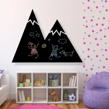 Chalkboard for kids featuring mountains, perfect for a bright children\'s room with colorful wall accents.
