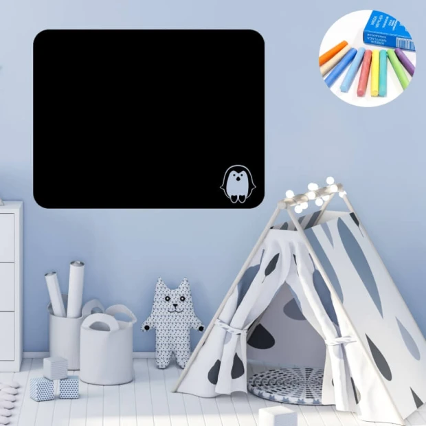 Chalk sticker for kids, penguin design - perfect for a bright children\'s room with wooden floors and a tent.