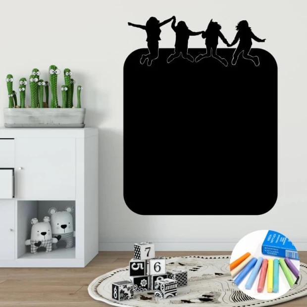 Chalk sticker for kids featuring characters - Decor for a child\'s room with light-colored walls and furniture.
