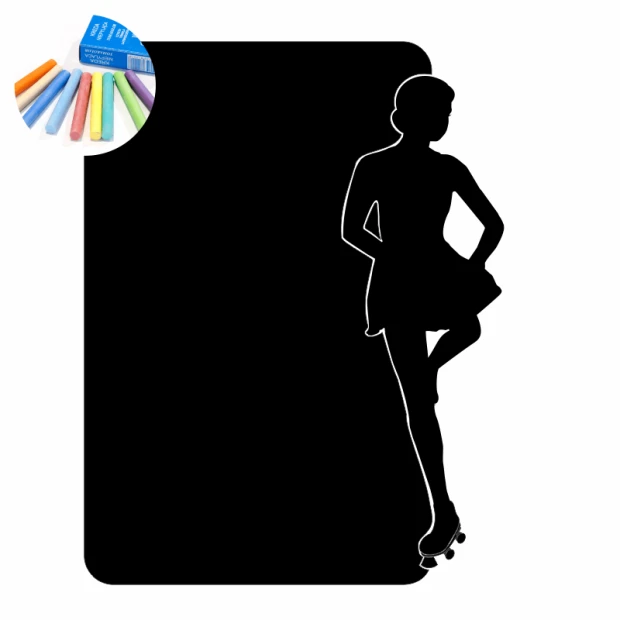 Chalk sticker for kids featuring a dancer in motion on a black background with colorful accents in the corner.