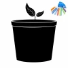 Chalkboard sticker pot 341 - Graphic design with black outlines of a pot and leaf, plus colorful chalks beside it.