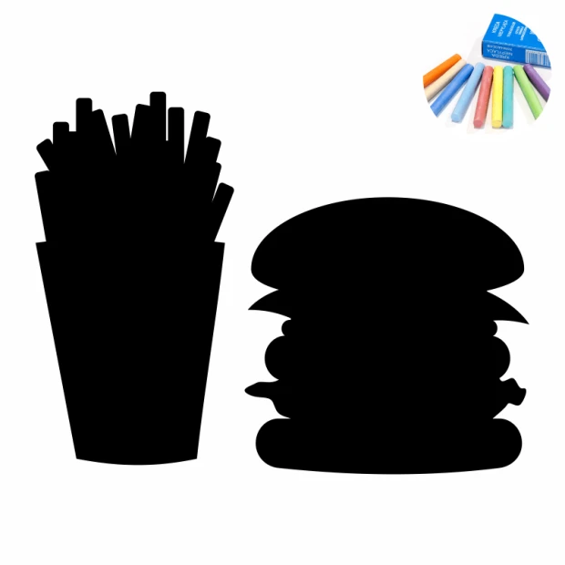 Chalk sticker of fries and a hamburger, both in black, with fries in a container next to the hamburger.