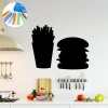 Chalk sticker of fries and hamburger for kitchen decor. Bright walls, modern furniture, and accessories.