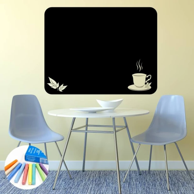 Chalk sticker tea 318 - Dining room setup with light walls, round table, and two chairs.