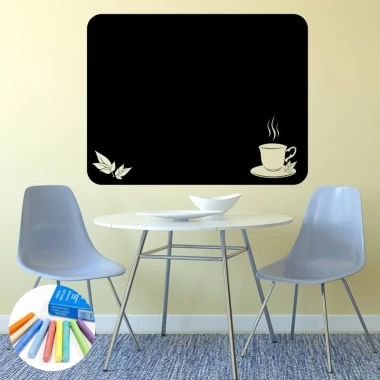 Chalk sticker tea 318 - Dining room setup with light walls, round table, and two chairs.