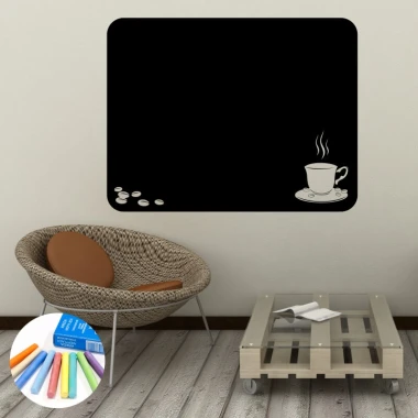 Chalk sticker coffee 317 - Living room setup with light-colored wall, comfy chair, and table.