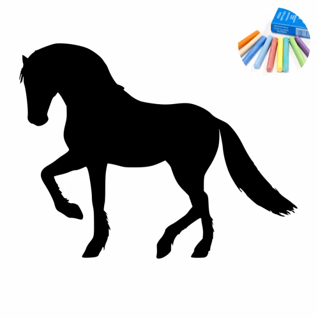 Chalk sticker horse 331 - Graphic design. Horse silhouette in motion on a white background, next to chalk in various colors.