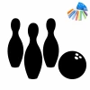 Chalkboard bowling sticker 335 - Graphic design featuring three bowling pins and one black ball on a white background.