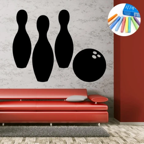 Chalkboard bowling sticker 335 - Living room setup with a red sofa against gray walls.
