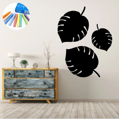 Chalk sticker with leaves 320 - Living room decor. Light-colored walls and rustic wooden furniture.