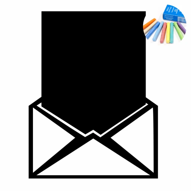 Chalk sticker list 345 - Graphic design featuring a large envelope on a black background with colorful chalks.