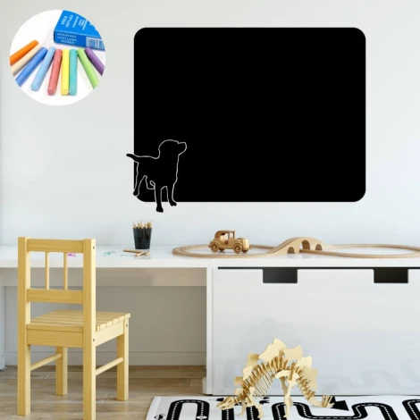 Chalk sticker dog 327 - Decor for a child\'s room with light-colored walls, wooden furniture, and toys.